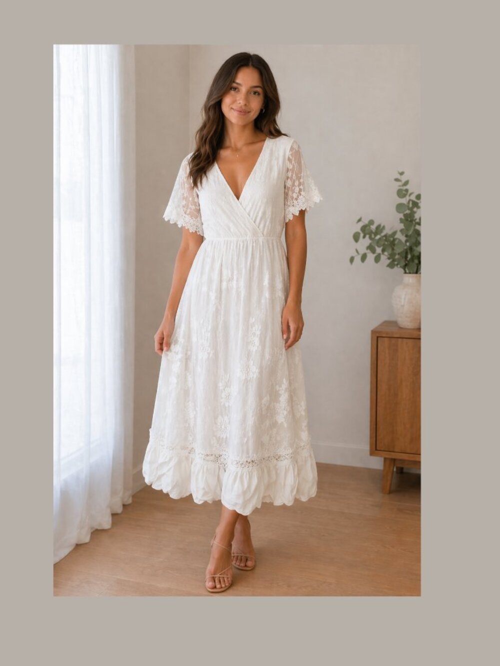 Lulus Short Sleeve Ivory Lace Overlay Ruffled Country Boho Style Long Maxi Dress